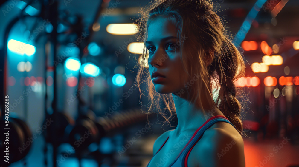 A girl works out on exercise equipment in a modern gym. Modern gym. Banner for the gym. Sports equipment A girl works out on exercise equipment in a modern gym. Modern gym. Banner for the gym. Sports equipment