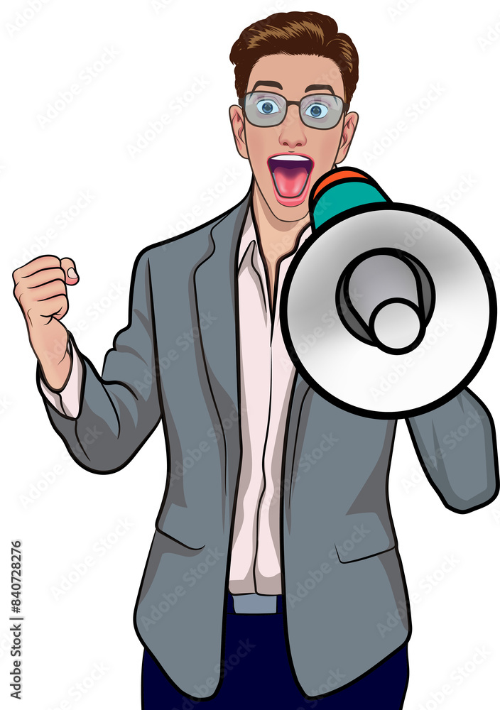 Business man screaming announce with megaphone In Retro Vintage Pop Art Comic Style Business man screaming announce with megaphone In Retro Vintage Pop Art Comic Style