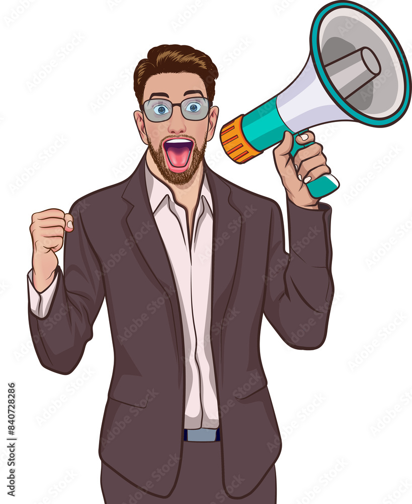 Naklejka premium Business man screaming announce with megaphone In Retro Vintage Pop Art Comic Style