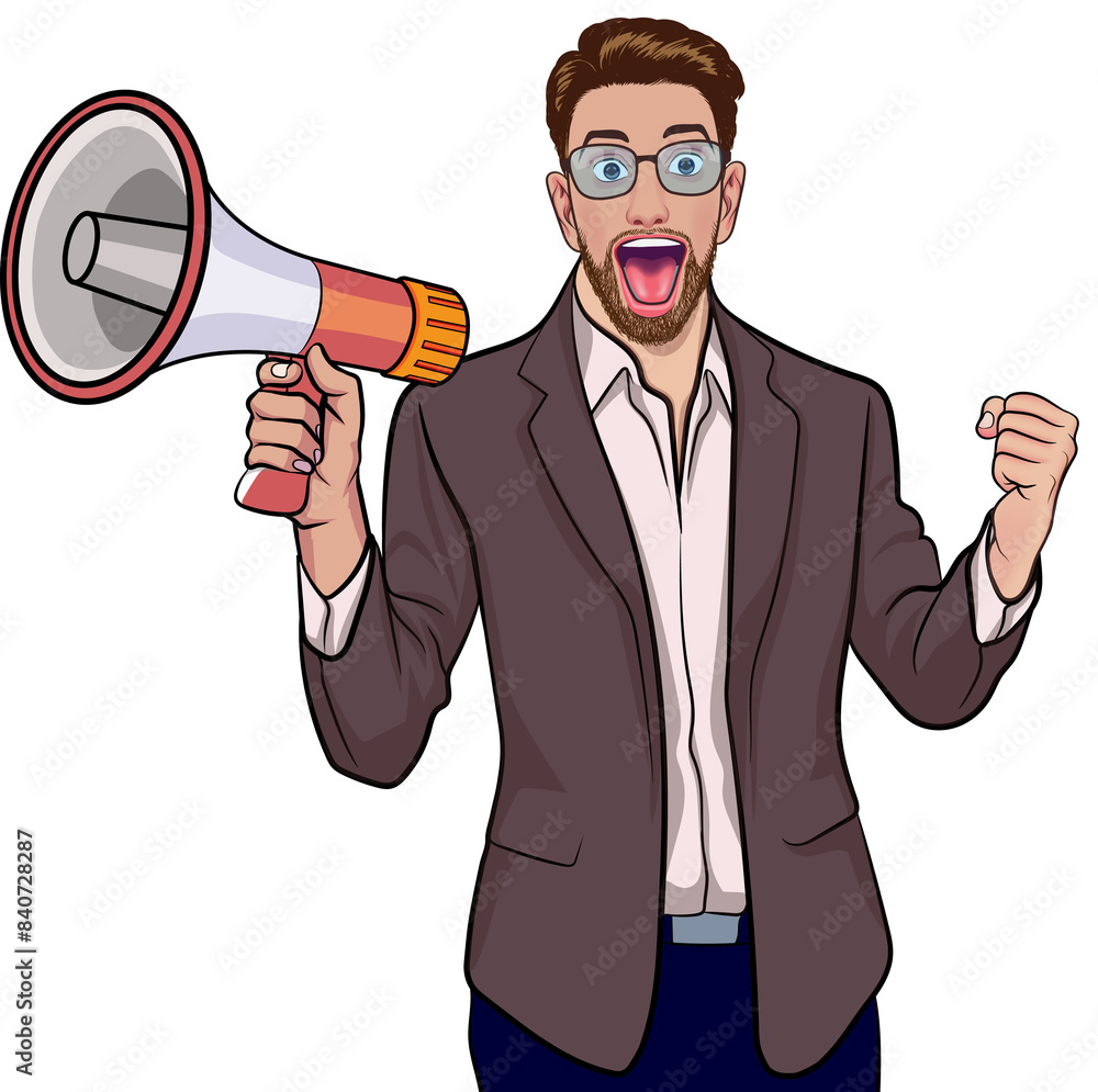 Business man screaming announce with megaphone In Retro Vintage Pop Art Comic Style Business man screaming announce with megaphone In Retro Vintage Pop Art Comic Style