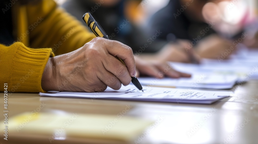Close-up view of people writing on paper in a vote session. Close-up view of people writing on paper in a vote session.