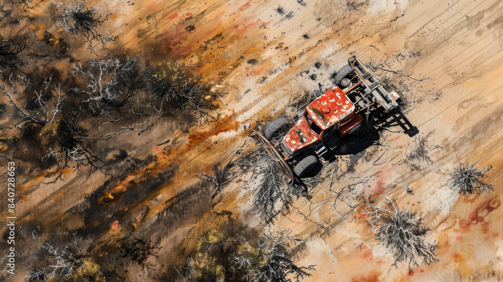 Overhead shot of abandoned farming equipment in a barren plantation, illustrating the effects of drought, watercolor illustration Overhead shot of abandoned farming equipment in a barren plantation, illustrating the effects of drought, watercolor illustration