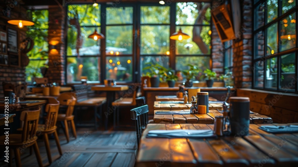 Empty Wooden Tables Set for Dinner at a Restaurant With Large Windows Empty Wooden Tables Set for Dinner at a Restaurant With Large Windows