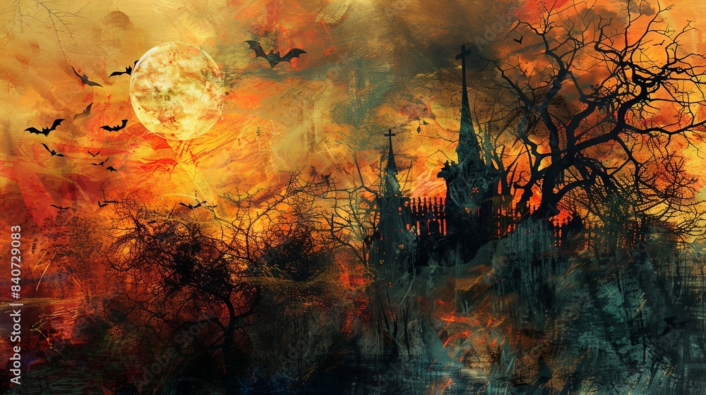 Fototapeta premium Halloween scene features a dark, gothic castle silhouetted against a fiery sunset with bats flying in the sky