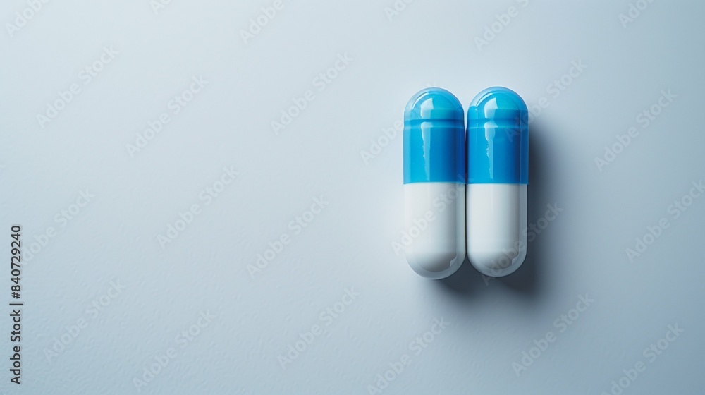 Close-Up of Blue and White Capsule Pills on Minimalist White Background Emphasizing Healthcare, Medicine, and Pharmaceutical Concepts Close-Up of Blue and White Capsule Pills on Minimalist White Background Emphasizing Healthcare, Medicine, and Pharmaceutical Concepts
