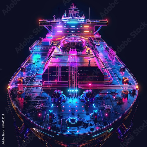 Oil tanker with digital holograms showing fuel levels, cyberpunk, dark background, neon blue and pink lights, detailed textures, digital illustration