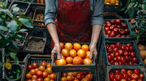 Farmer Holding Fresh Tomatoes and Greens in Wooden Crate at Market