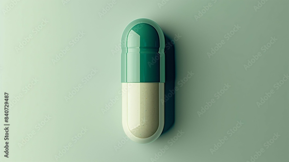 Professional Close-Up of Green and White Capsule Pills on Minimalist White Background Highlighting Medical and Pharmaceutical Concepts Professional Close-Up of Green and White Capsule Pills on Minimalist White Background Highlighting Medical and Pharmaceutical Concepts
