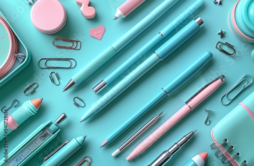 Flat lay of pastel stationery items including pens, pencils, and paperclips