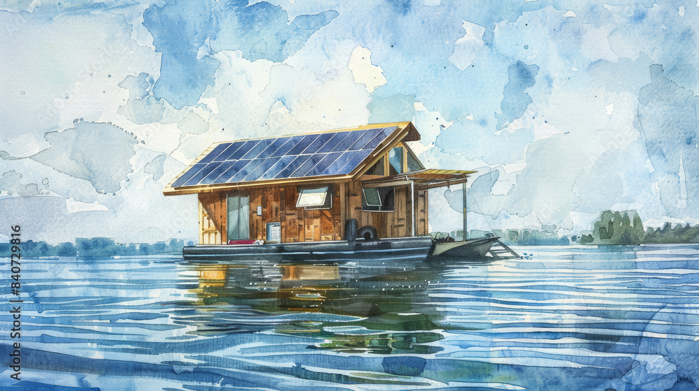 Fototapeta premium Solar panel attached to the roof of a tiny houseboat floating on a calm river, watercolor illustration 