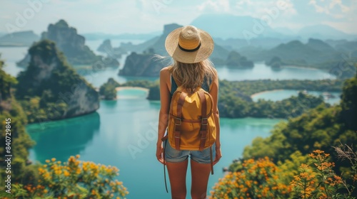 Woman Standing on a Hilltop Overlooking a Tropical Lagoon