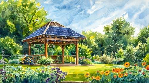 Solar panel installed on top of a gazebo in a vibrant community garden with blooming flowers, watercolor illustration 