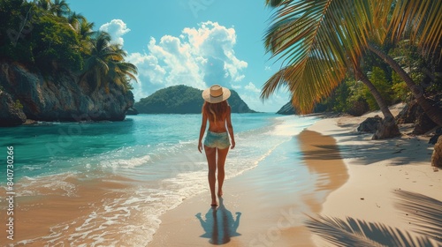 Woman Standing on a Hilltop Overlooking a Tropical Lagoon
