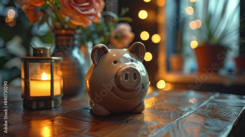 Ceramic Piggy Bank on Wooden Table With Lit Candle Lantern