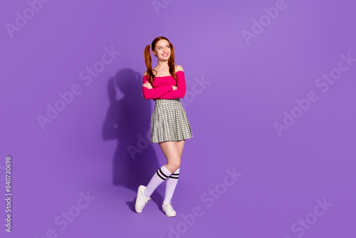 Full length photo of shiny attractive lady dressed off shoulders top arms folded looking empty space isolated violet color background