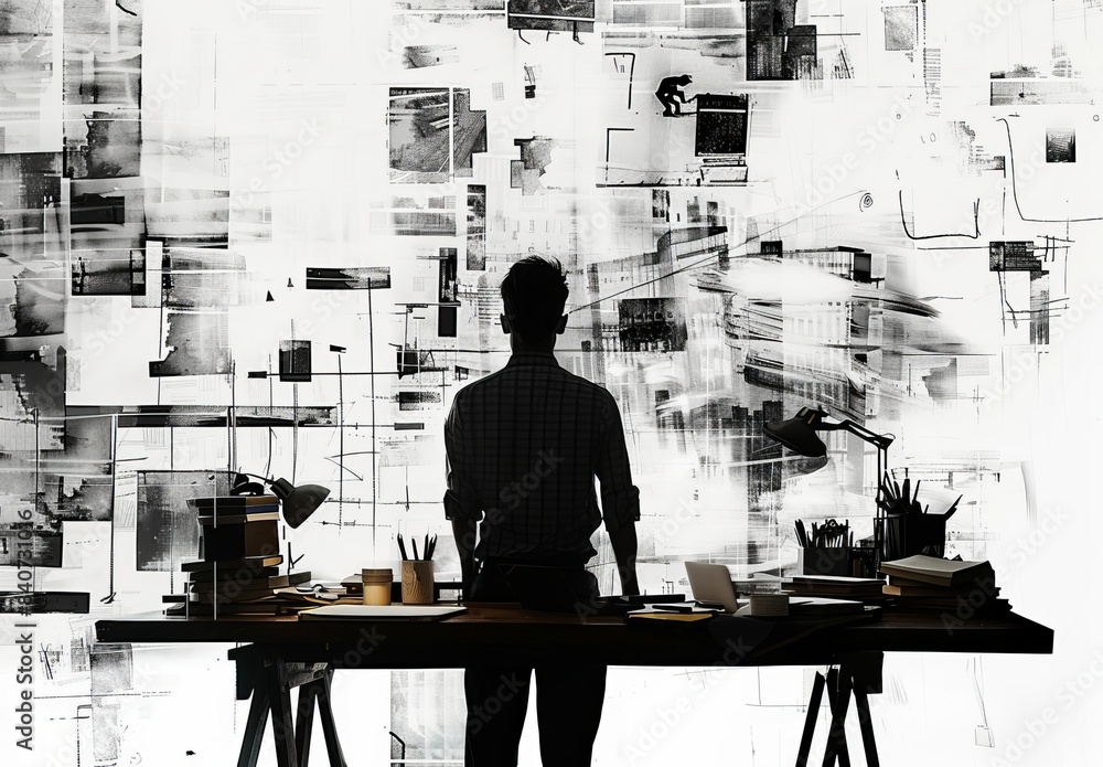 A collage of black-and-white sketches of a man working in an office, holding his hand on the table, with vintage elements and isolated on a white background. PNG format. A collage of black-and-white sketches of a man working in an office, holding his hand on the table, with vintage elements and isolated on a white background. PNG format.