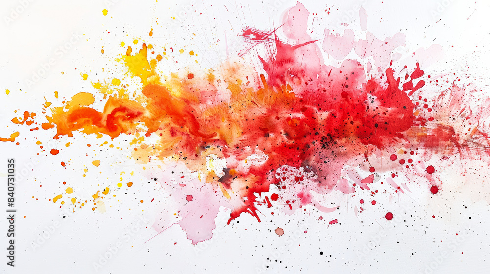 Fototapeta premium Vibrant abstract watercolor with splashes of red, orange, and yellow on a white background, wide-angle view 