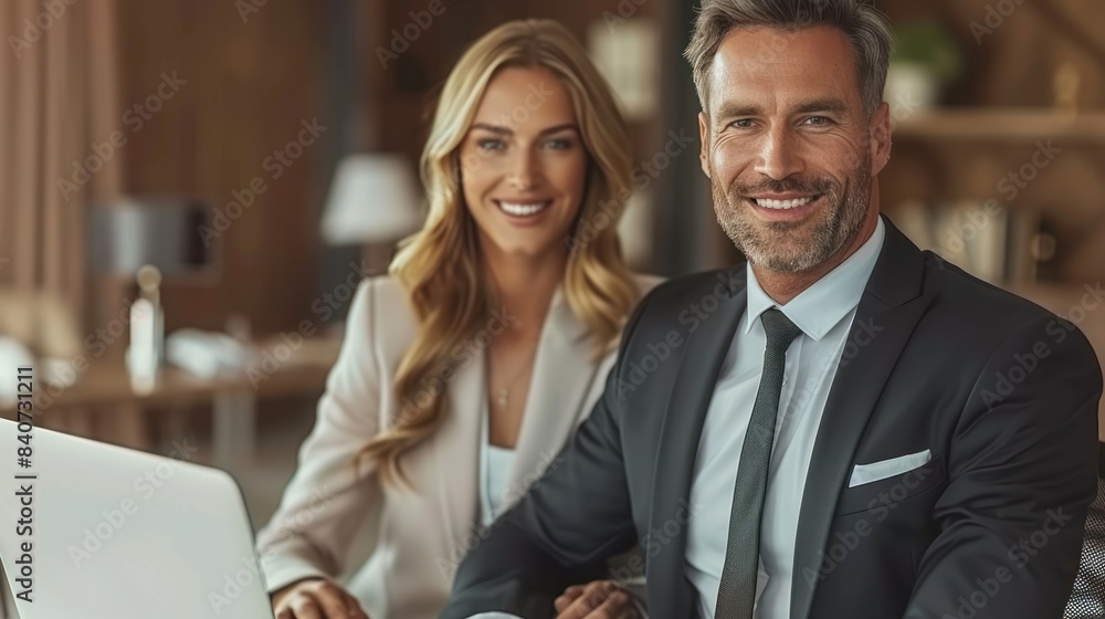 A confident business man and woman collaborate on a laptop in a modern office setting A confident business man and woman collaborate on a laptop in a modern office setting