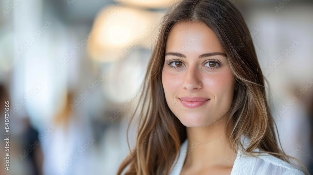 Fototapeta premium A woman with long, brown hair smiles gently as she gazes at the camera in a brightly lit interior space