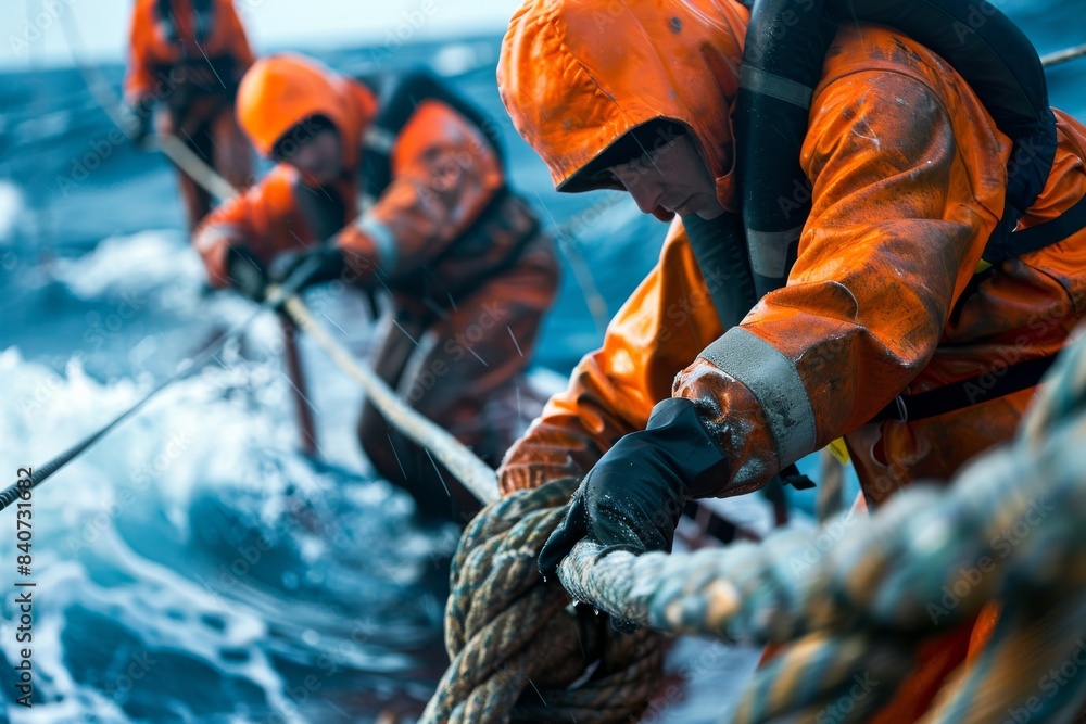 Dedicated team in orange working together to secure heavy rope at sea Dedicated team in orange working together to secure heavy rope at sea