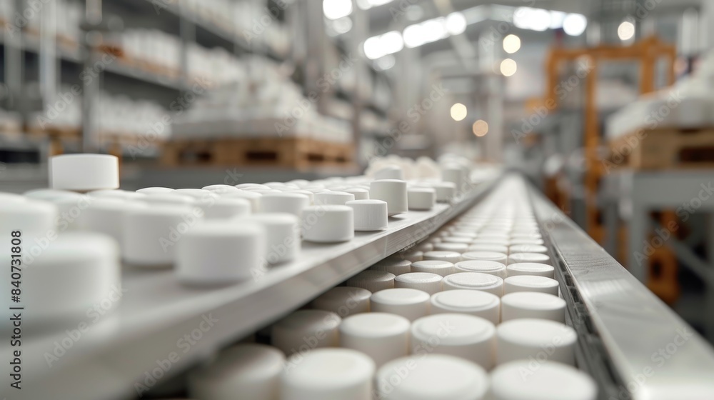 Close-up of pharmaceutical products on production line at factory Close-up of pharmaceutical products on production line at factory