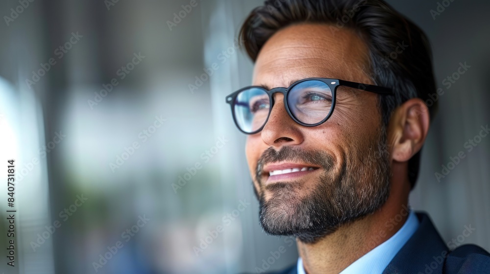 A man in a business suit looks out a window with a hopeful expression on his face A man in a business suit looks out a window with a hopeful expression on his face