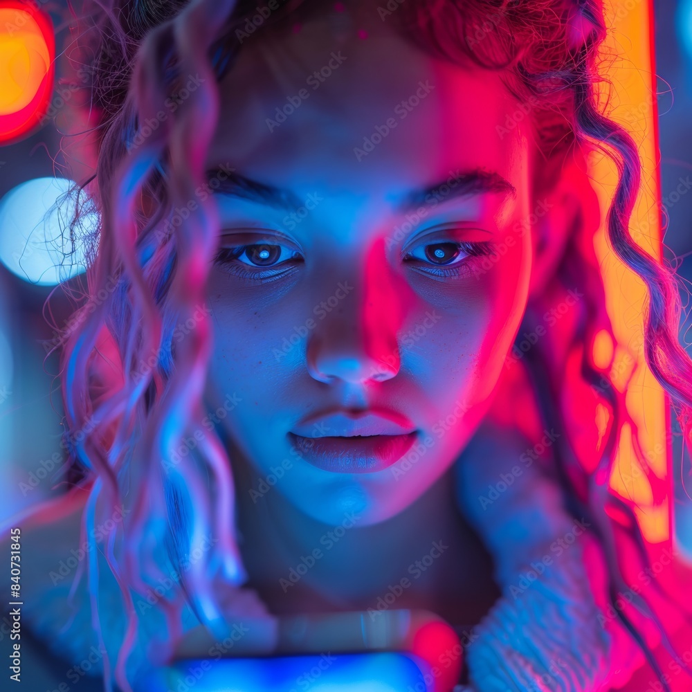 a person facing the camera. the person is holding their phone and scrolling. the persons face is iiluminated by the phone screens light. the background is engaging futuristic colors a person facing the camera. the person is holding their phone and scrolling. the persons face is iiluminated by the phone screens light. the background is engaging futuristic colors