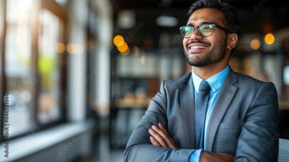 A man in a suit stands with his arms crossed, looking out a window in an office A man in a suit stands with his arms crossed, looking out a window in an office