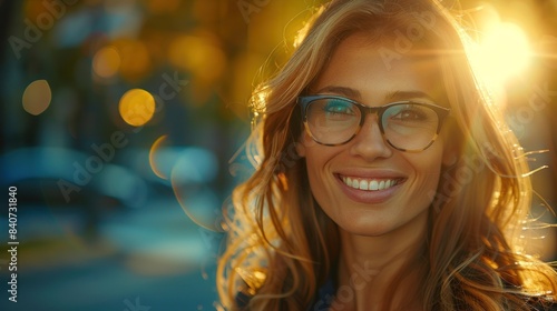 A woman with long blonde hair and glasses smiles brightly in the city at sunset