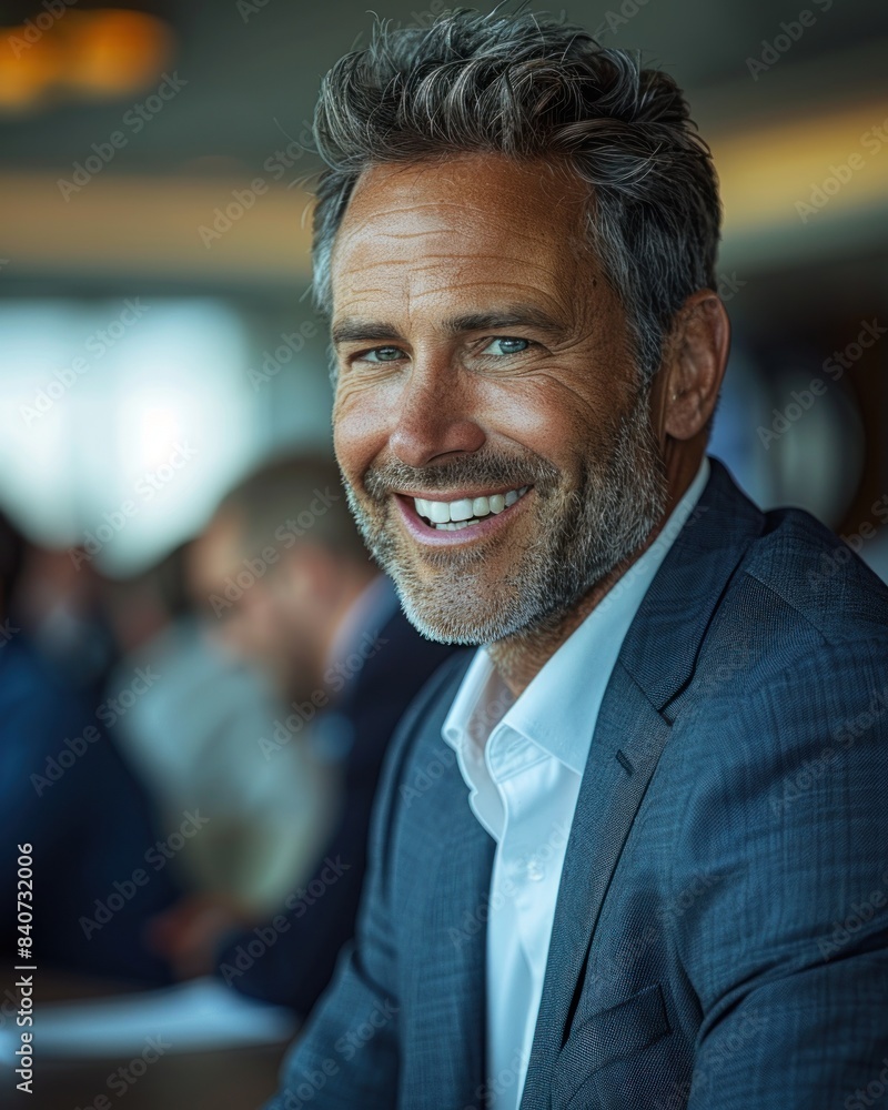 Fototapeta premium A businessman with graying hair smiles confidently while attending a business meeting