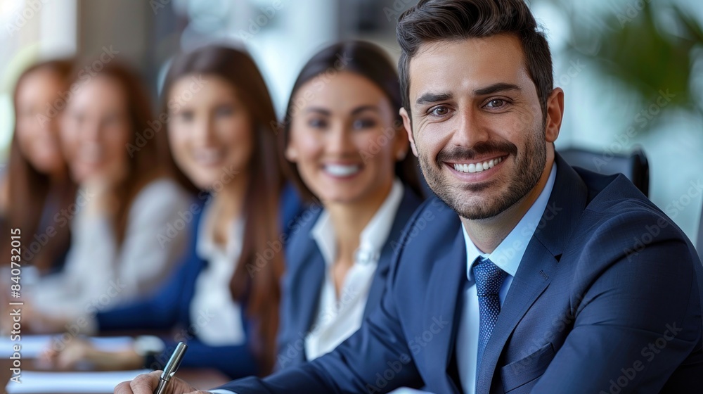 A group of people sit at a table in a modern office, with one man smiling confidently A group of people sit at a table in a modern office, with one man smiling confidently