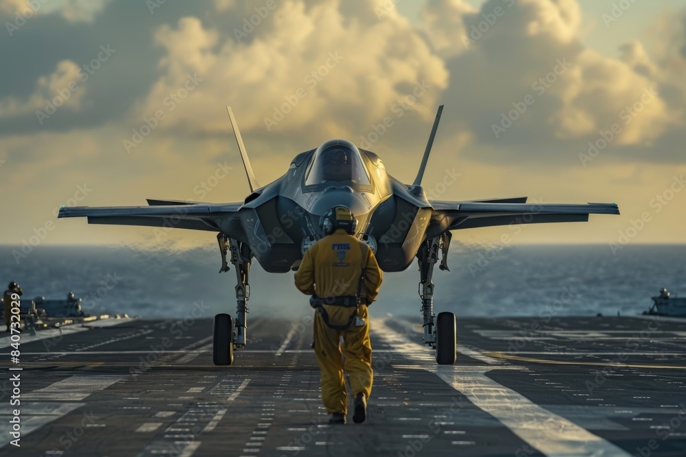 Ground crew guiding a state-of-the-art F-35 jet during an aircraft ...