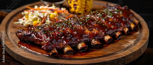 BBQ ribs on a wooden platter, corn and coleslaw, rich sauce, dark setting, high resolution, photorealistic 8K , high-resolution, ultra HD,up32K HD