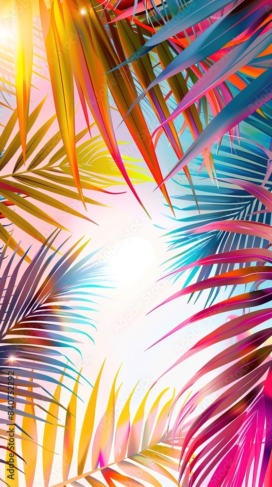 Obraz premium trendy summer Bali style floral patter background with copyspace , colorful leaves palm shape art wallpaper, Summer colors botanical tropical leaves ,sun light and shadows, pink, yellow leaf .