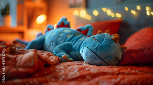Superbe dinosaure en peluche qui dort sur un lit dans une chambre d'enfant