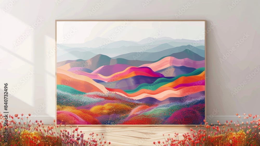 Naklejka premium A bright and colorful framed painting of a whimsical landscape leaning against a white wall. The painting shows layered mountains of various shades, and the foreground is filled with blooming flowers 