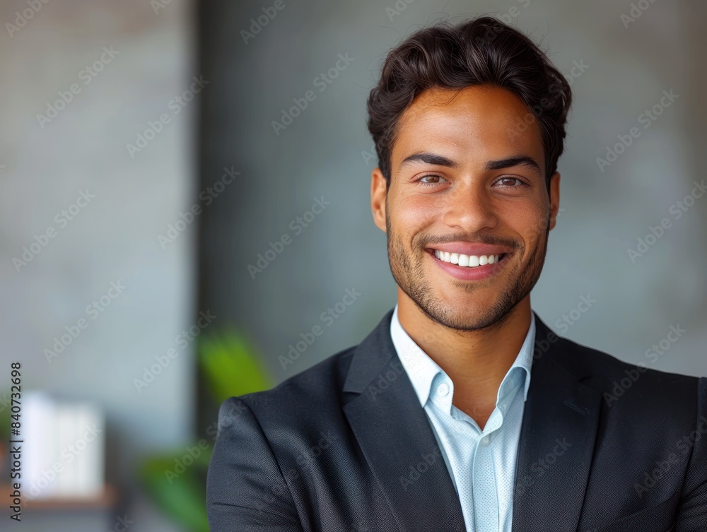 A portrait of a young professional man in a suit, smiling confidently in a contemporary office setting A portrait of a young professional man in a suit, smiling confidently in a contemporary office setting