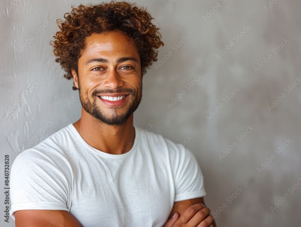 A portrait of a man with curly brown hair smiling against a gray wall A portrait of a man with curly brown hair smiling against a gray wall