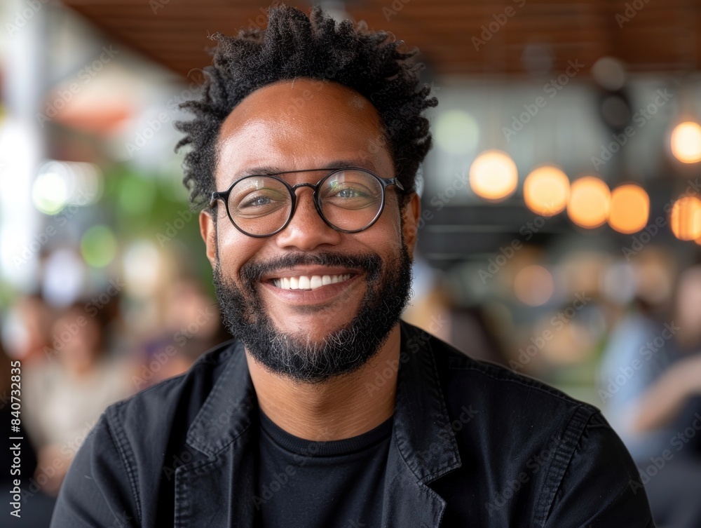 A man wearing glasses smiles warmly in a bustling cafe A man wearing glasses smiles warmly in a bustling cafe