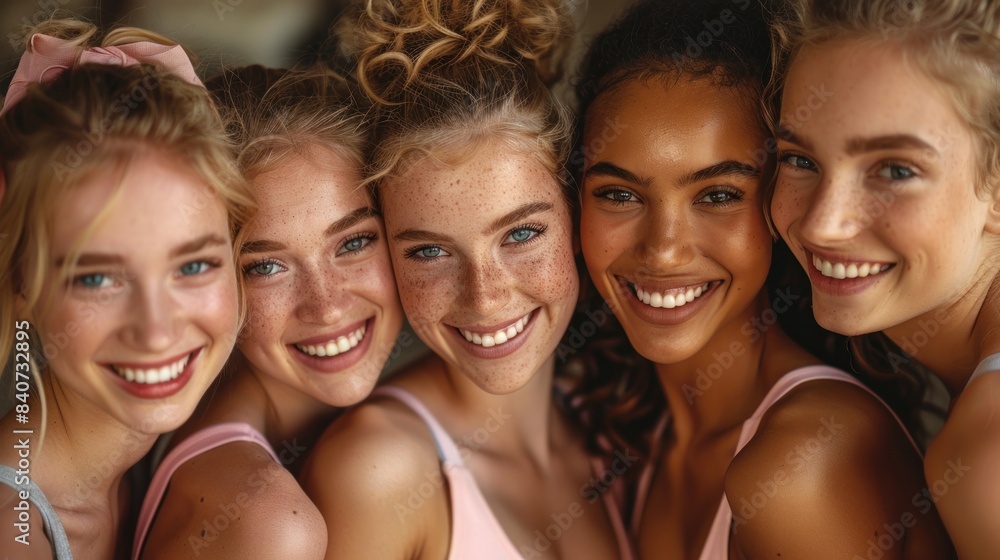 Fototapeta premium Four young women with bright smiles and glowing skin stand together in a close-up portrait