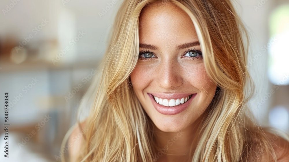 A close-up portrait of a woman with long blonde hair, smiling brightly at the camera A close-up portrait of a woman with long blonde hair, smiling brightly at the camera
