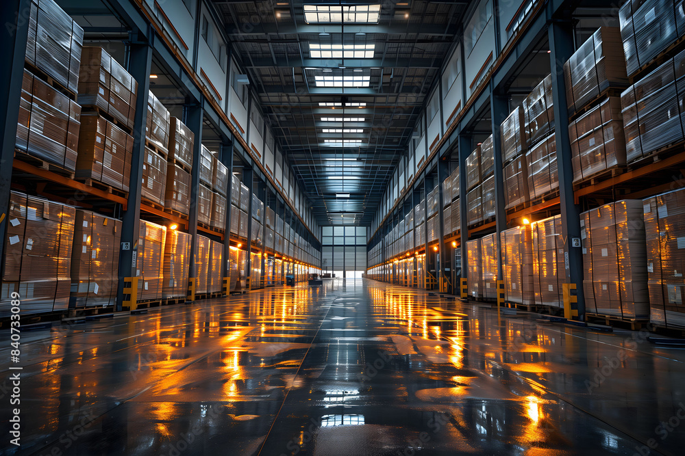 Warehouse filled with cardboard boxes on shelves. Storage, shipping, distribution and logistics concept. Warehouse filled with cardboard boxes on shelves. Storage, shipping, distribution and logistics concept.