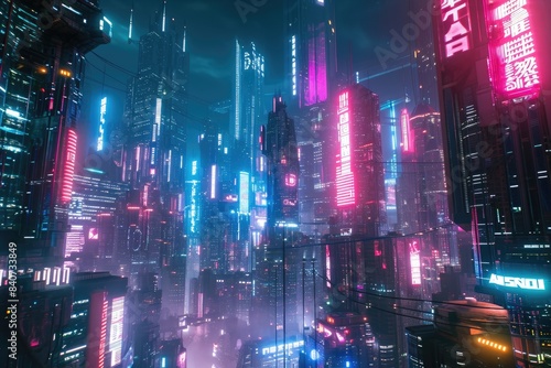 Futuristic neon-lit cityscape, Cyberpunk cityscape with neon lights