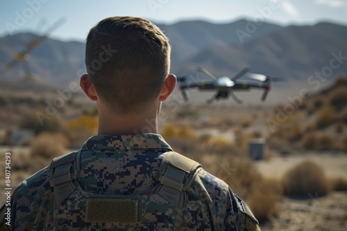 Marine Corps soldier conducting drone surveillance training in a desert landscape