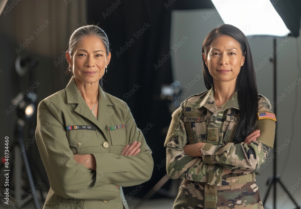 A congresswoman and a servicewoman are in a studio. A congresswoman and a servicewoman are in a studio.