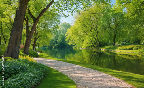 Beautiful Colorful Summer-Spring Landscape Sunlit Lake in the Park with Green Trees and Stone Path