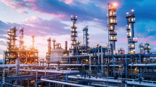 Wallpaper Mural an oil and gas production plant at dusk, where towering stacks and intricate pipes are bathed in the warm glow of the setting sun, painting a scene of formidable beauty amidst the mechanical expanse. Torontodigital.ca