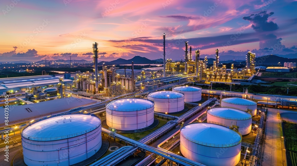 an oil and gas production plant at dusk, where towering stacks and intricate pipes are bathed in the warm glow of the setting sun, painting a scene of formidable beauty amidst the mechanical expanse. an oil and gas production plant at dusk, where towering stacks and intricate pipes are bathed in the warm glow of the setting sun, painting a scene of formidable beauty amidst the mechanical expanse.
