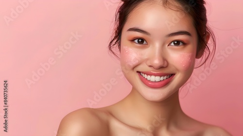 Smiling young asian woman with perfect skin on pink background. Cosmetology, beauty and cosmetic. Skin care concept. Banner with copy space