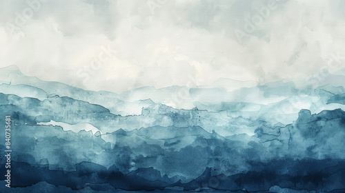 Wide shot of abstract watercolor in muted blues and greys, evoking a calm and serene atmosphere 